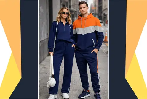 Men and women wearing custom tracksuits manufactured for private label apparel brands