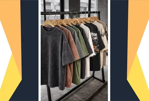 Oversized t-shirts in washed colors displayed on rack for private label production