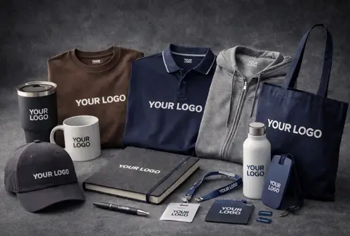 Promotional merchandise with Your Logo including apparel, tote bag, bottle, notebook and cap